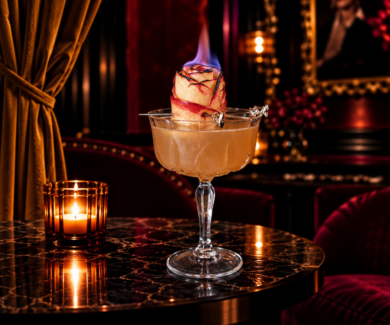 A Bad Rabbit cocktail, shot dark and close on marble.